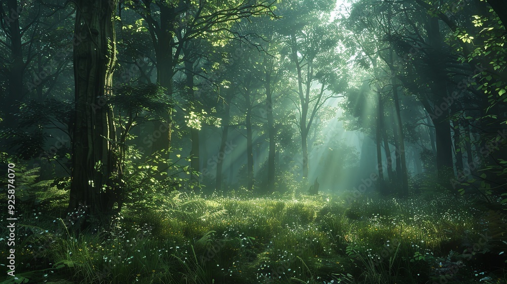 Obraz premium mysterious misty forest with sunbeams filtering through tall trees
