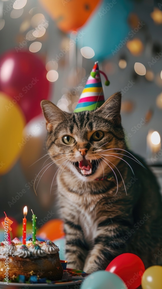 A cat wearing a party hat sits behind a birthday cake with lit candles, surrounded by colorful balloons on a festive background, celebrating a birthday. A cat wearing a party hat sits behind a birthday cake with lit candles, surrounded by colorful balloons on a festive background, celebrating a birthday.