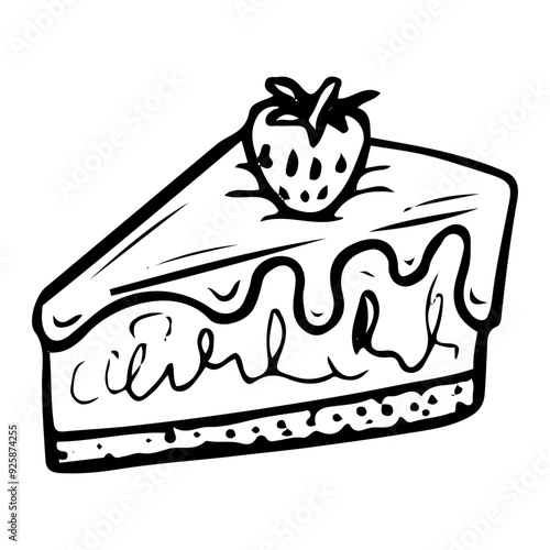 Piece of cake with filling hand drawn doodle. Sweet biscuit dessert food. Confectionery sugar pastry. Bakery product. Baked cheesecake with cream and strawberry. Vector outline line art illustration.