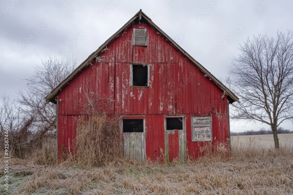 Neglected rustic barn facing disrepair in the rural area. Broken glass, doors tattered and a faded facade. Farm building needs renovation; forsaken agricultural site persists Neglected rustic barn facing disrepair in the rural area. Broken glass, doors tattered and a faded facade. Farm building needs renovation; forsaken agricultural site persists
