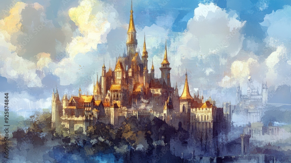 Naklejka premium Magnificent castle with golden roofs, royal wealth, watercolor style