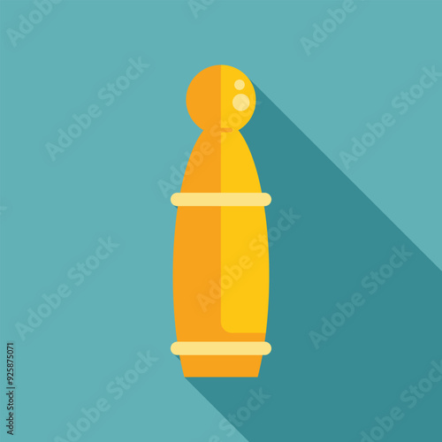 Golden skittle standing in front of a blue background, casting a long shadow