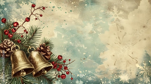 Vintage Christmas Background with Bells and Pine Cones