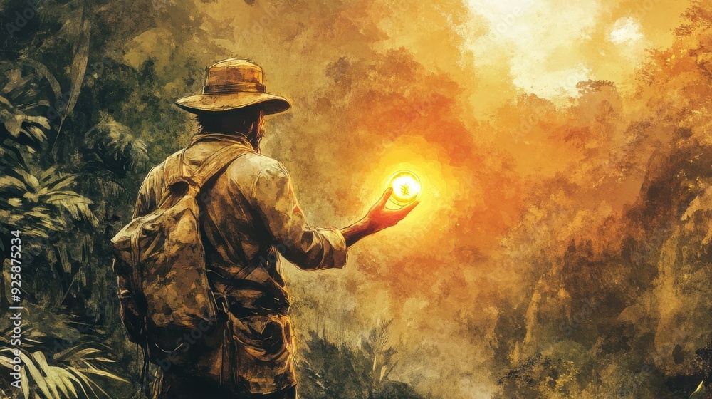Fototapeta premium Treasure hunter holding a glowing coin, discovery of riches, watercolor style