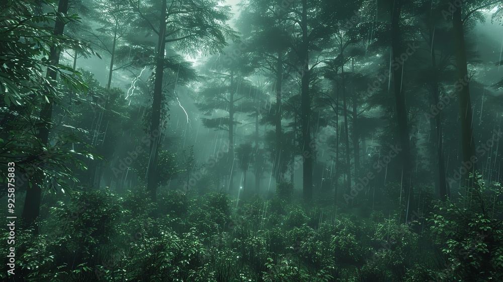 Fototapeta premium tropical jungle with towering trees and vibrant green foliage, sunlight filtering through the dense canopy, creating a serene forest atmosphere.