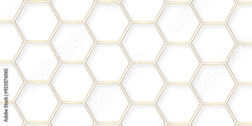Abstract minimal geometric white and gold light background design. Vector illustration of hexagons pattern. luxury white pattern geometric mesh cell texture. Modern pattern elegant gold line template