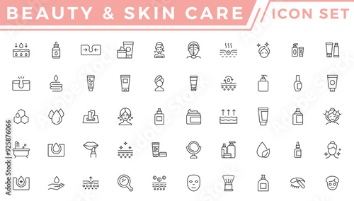 Skin care icon set. Wellness and body spa anti-aging, pore tightening, cosmetology, spa treatments, massage, hyaluronic acid, serum,  line icon collection. Cosmetics services and Spa line icons vector