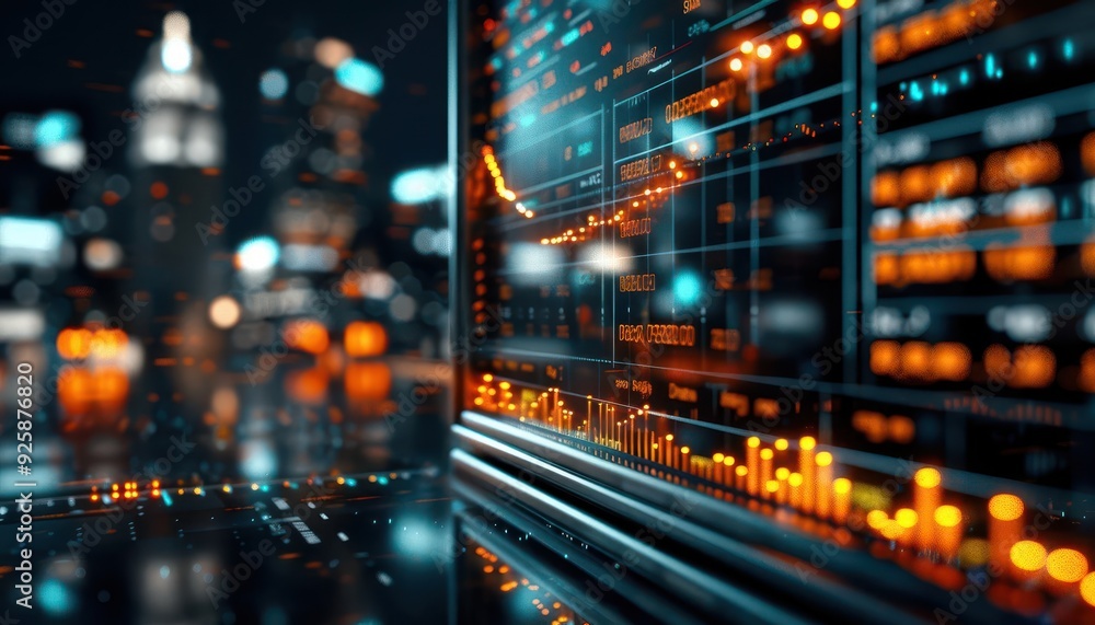 Stock ticker in a hightech trading floor, dynamic graphs and data creating a sense of financial activity, Futuristic, Digital, Sharp focus Stock ticker in a hightech trading floor, dynamic graphs and data creating a sense of financial activity, Futuristic, Digital, Sharp focus