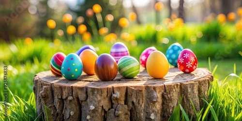 Colorful easter eggs displayed on a wooden stump in a garden , Easter, colorful, eggs, decoration, festive, spring photo