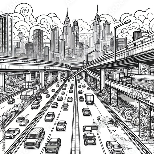 A view of a busy highway overpass with cars speeding vector