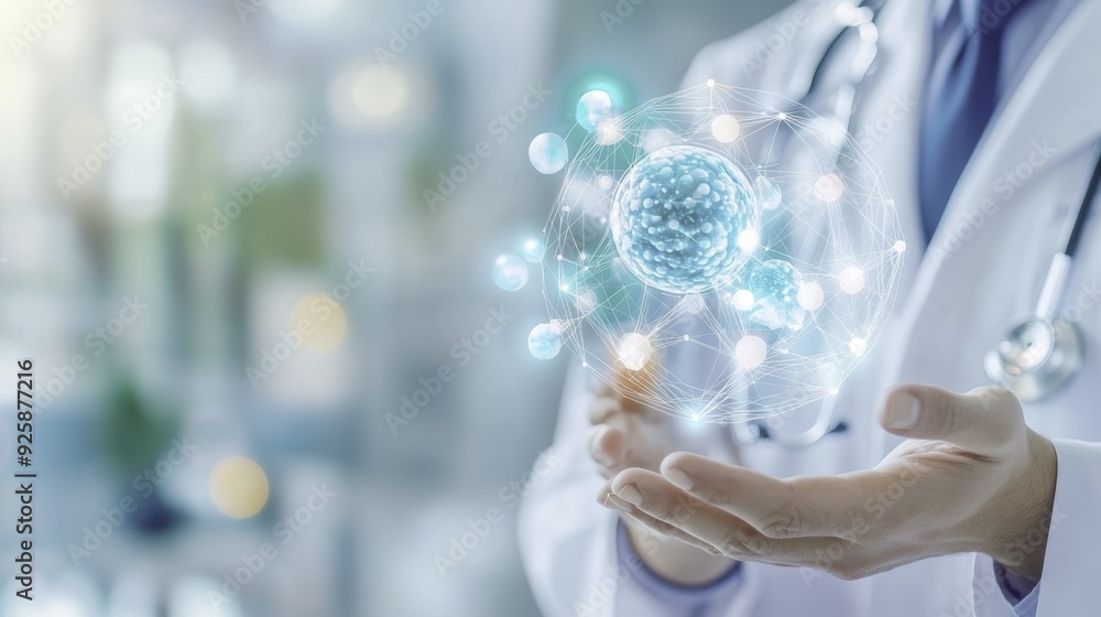 Doctor Holding Digital 3D Model of Cell - Healthcare Innovation Doctor Holding Digital 3D Model of Cell - Healthcare Innovation