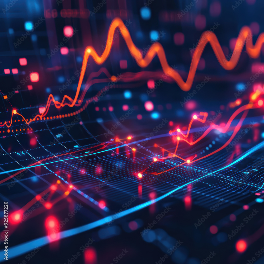 vibrant digital representation of data trends, showcasing fluctuating graphs and bright data points, evokingsense of dynamic analysis and technological advancement. vibrant digital representation of data trends, showcasing fluctuating graphs and bright data points, evokingsense of dynamic analysis and technological advancement.