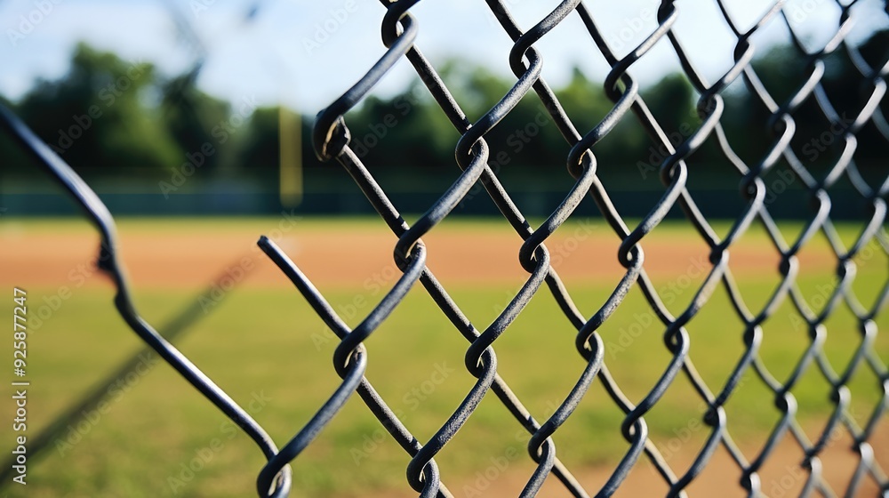 Fototapeta premium Baseball Field Fence. Sport Background with Field, Softball, and Wire Mesh Fence