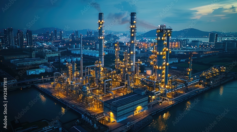 Fototapeta premium Gas fired power plant and factory building at night. Also called gas fired power station or natural gas power plant.