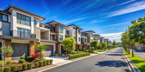 A serene suburban street with modern townhouses surrounded by lush greenery under a clear blue sky, suburban, street