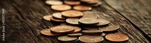 Coins scattered on a wooden table, oldworld finance, watercolor style