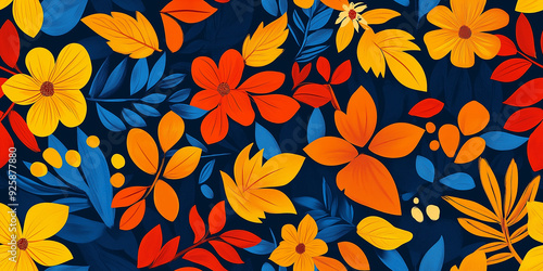 Wallpaper Mural A dark seamless floral pattern featuring vibrant orange, yellow, and blue flowers and leaves. The design is bold and contrasts strongly with the deep background. Torontodigital.ca