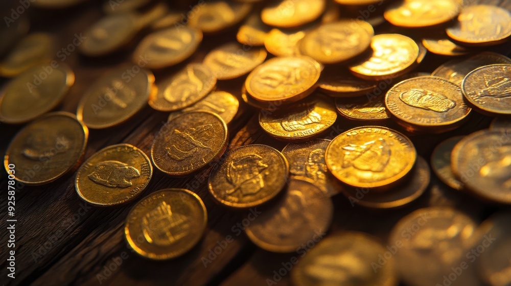 Antique gold coins, scattered on wooden table, warm tones, watercolor style Antique gold coins, scattered on wooden table, warm tones, watercolor style