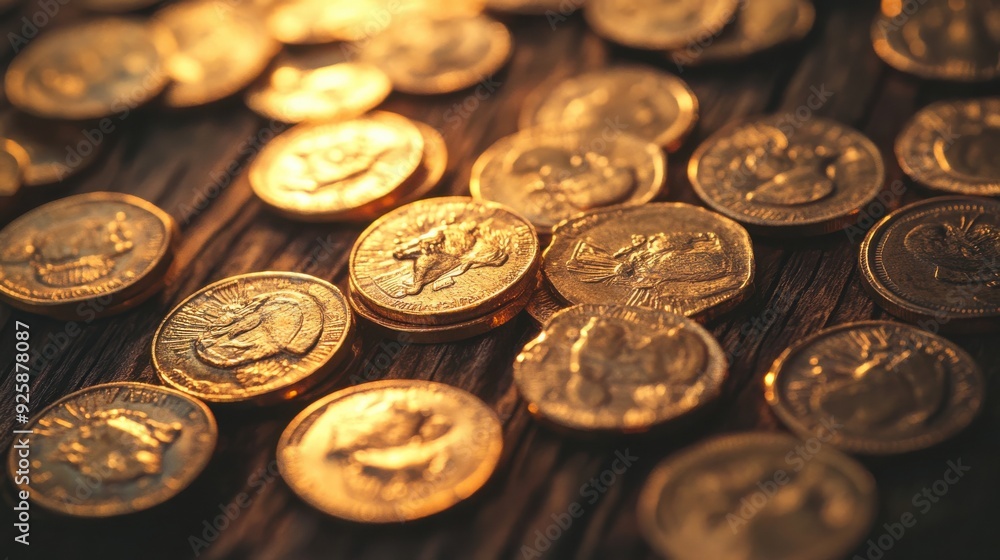 Antique gold coins, scattered on wooden table, warm tones, watercolor style Antique gold coins, scattered on wooden table, warm tones, watercolor style