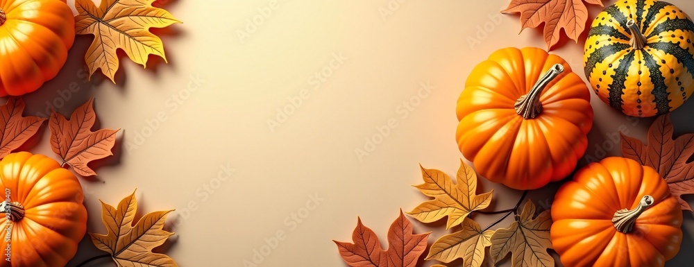 Autumn pumpkins and colorful leaves festive arrangement with copy space Autumn pumpkins and colorful leaves festive arrangement with copy space