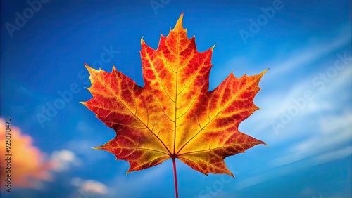 Vibrant red and yellow maple leaf against a blue sky , Fall, Autumn, Maple, Leaf, Vibrant, Colors, Nature, Season, Foliage