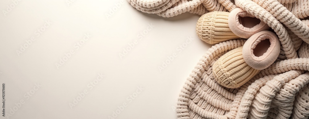 Fototapeta premium Cozy Knitted Baby Booties and Blanket in Neutral Tones with Copy Space