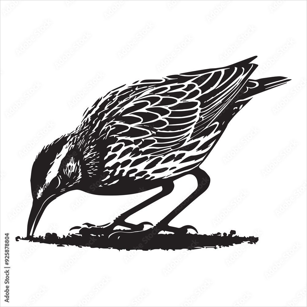 Fototapeta premium Western meadowlark silhouette, Meadowlark Bird Clipart, Western Meadowlark feeding on ground Illustration