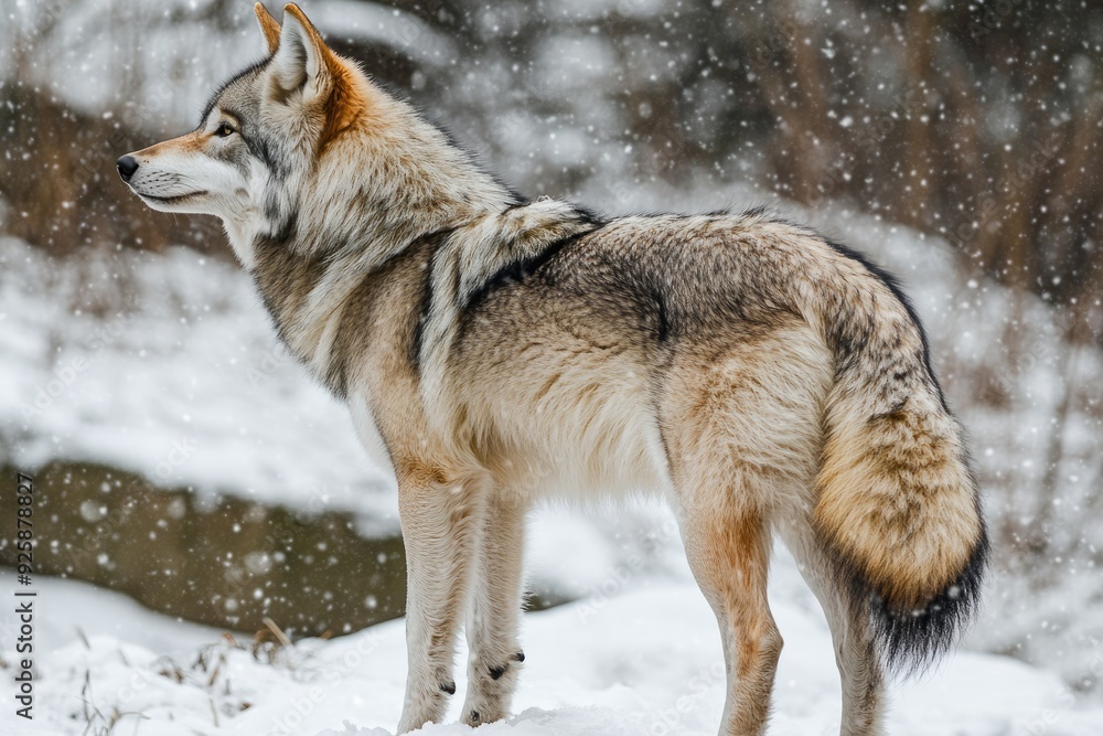 Wolf Back Portrait: Grey Wolf Standing in Winter Snow Day Wolf Back Portrait: Grey Wolf Standing in Winter Snow Day