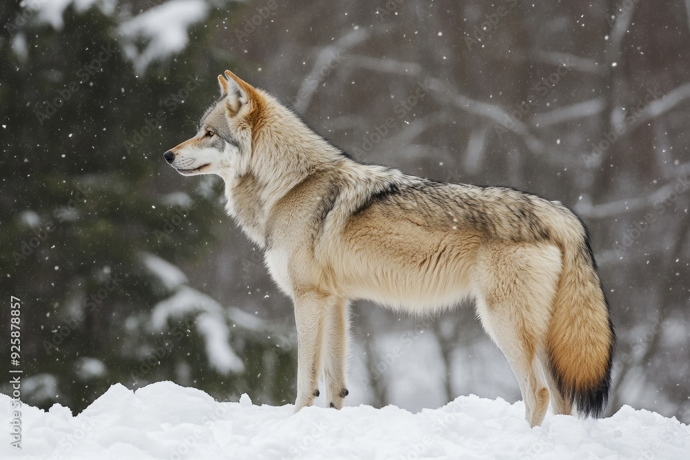 Wolf Back. Grey Wolf Standing in Snow on Winter Day - Rear View Portrait Wolf Back. Grey Wolf Standing in Snow on Winter Day - Rear View Portrait