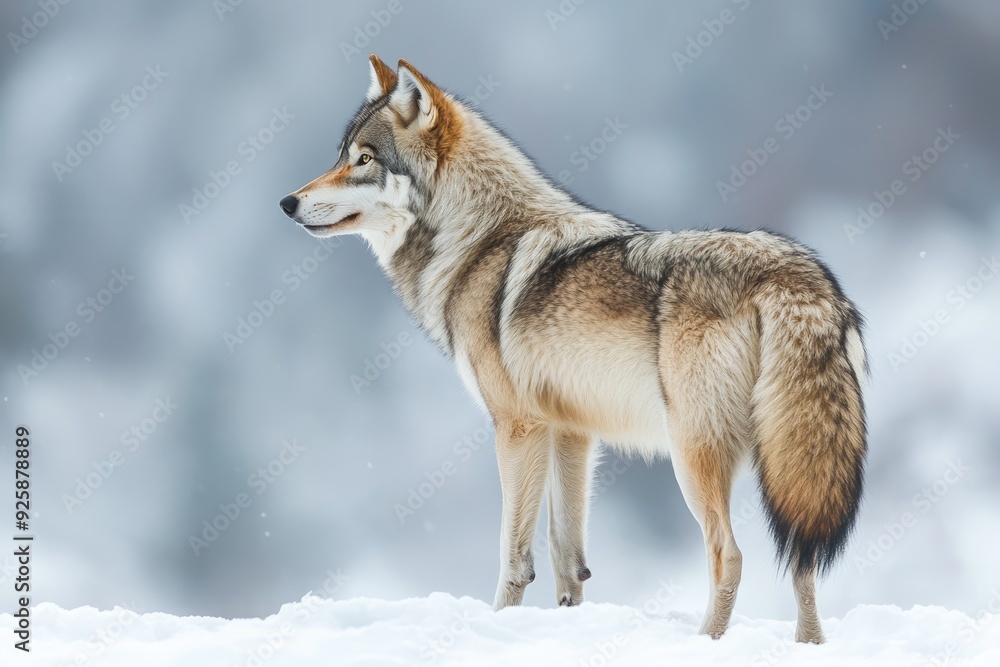Wolf Back. Grey Wolf Standing in Winter Snow Portrait from Rear View Wolf Back. Grey Wolf Standing in Winter Snow Portrait from Rear View