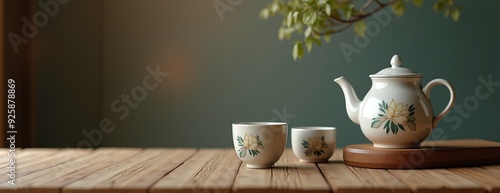 Elegant tea set with floral design on rustic wooden table against green background