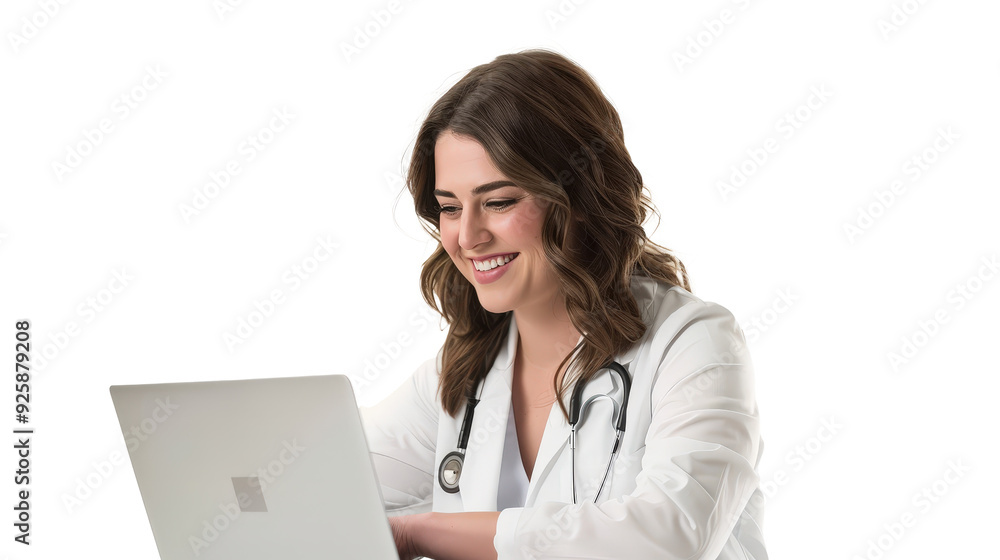 Smiling female doctor using laptop for online consultation. Smiling female doctor using laptop for online consultation.