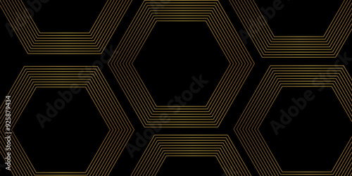 Abstract minimal geometric black and gold light background design. Vector illustration of hexagons pattern. luxury black pattern geometric mesh cell texture. Modern pattern elegant gold line template
