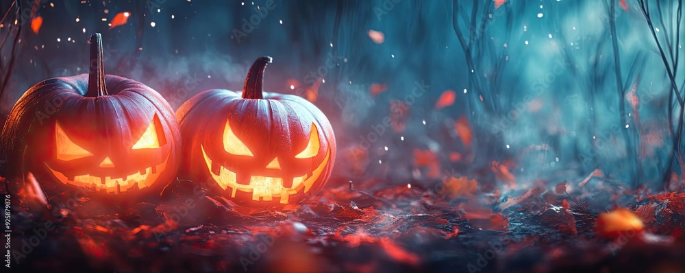 Spooky Halloween scene featuring glowing jack-o'-lanterns amidst a foggy forest with autumn leaves and eerie atmosphere. Spooky Halloween scene featuring glowing jack-o'-lanterns amidst a foggy forest with autumn leaves and eerie atmosphere.