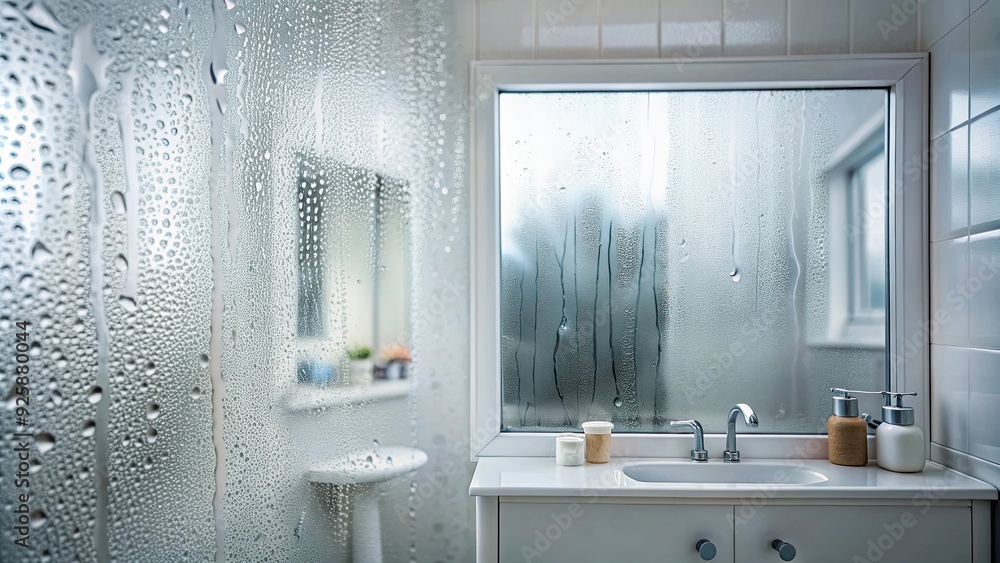 Obraz premium Condensation on a mirror in a bathroom reflecting soft light, misty, reflections, glass, water droplets, steam, bathroom