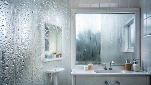 Condensation on a mirror in a bathroom reflecting soft light, misty, reflections, glass, water droplets, steam, bathroom photo