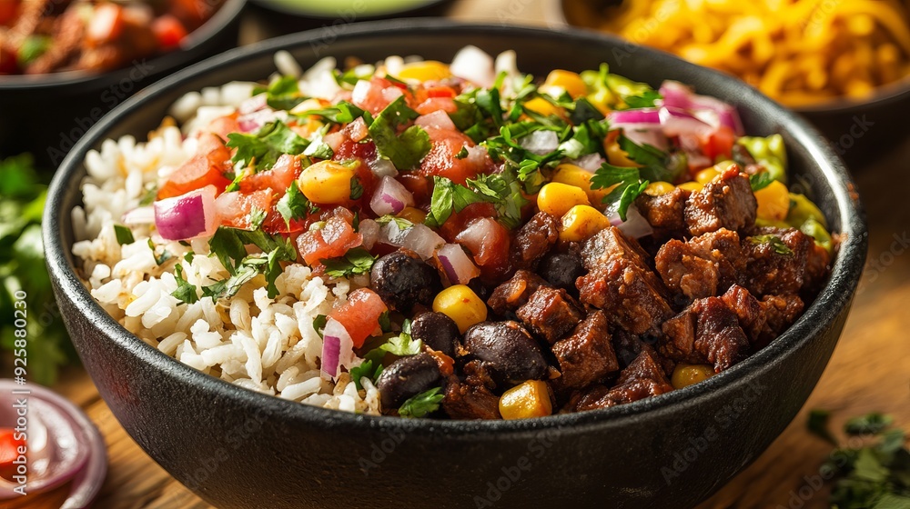 Delicious rice bowl with grilled meat, fresh vegetables, and toppings Delicious rice bowl with grilled meat, fresh vegetables, and toppings