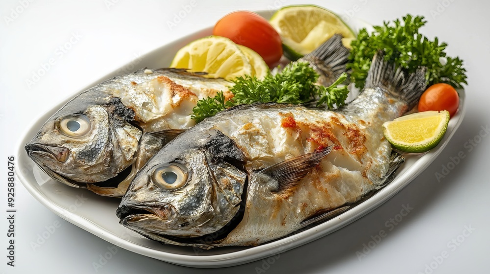 Grilled fish served on a platter with fresh herbs and citrus garnishes Grilled fish served on a platter with fresh herbs and citrus garnishes