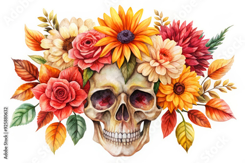 Watercolor Skull with Autumn Flowers.