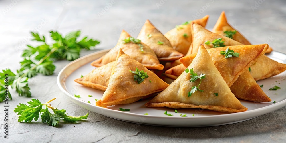 Crispy golden samosas with fresh herbs on a white plate , Indian snacks Crispy golden samosas with fresh herbs on a white plate , Indian snacks