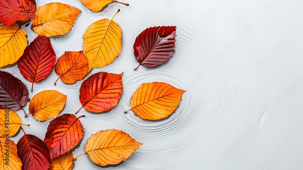 Colorful autumn leaves floating gently on calm water, showcasing vibrant hues of red, orange, and yellow in a serene setting. Colorful autumn leaves floating gently on calm water, showcasing vibrant hues of red, orange, and yellow in a serene setting.