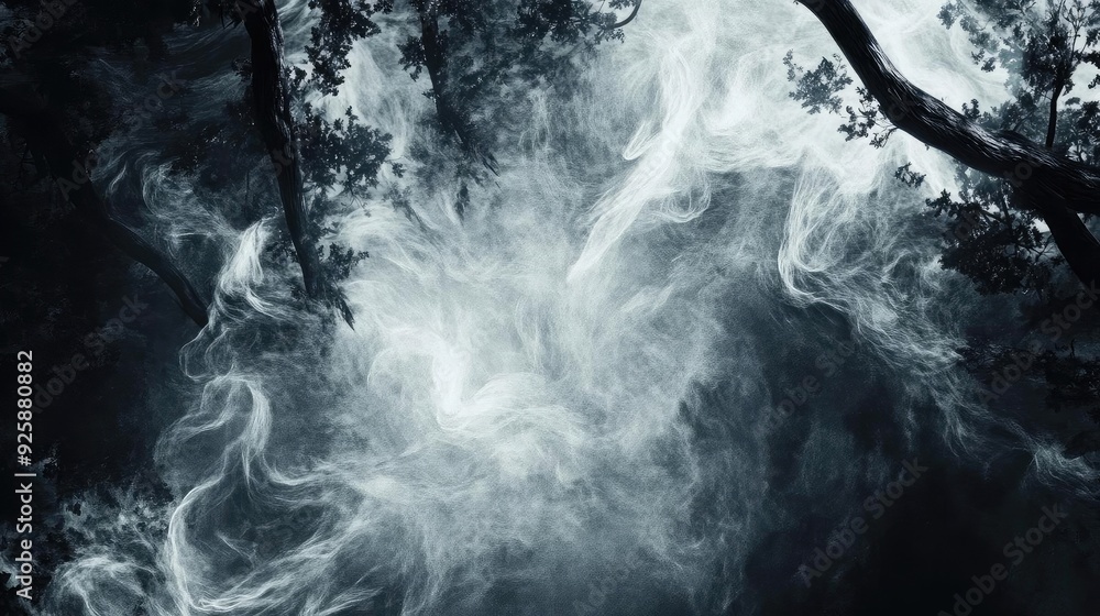 Mysterious forest with swirling smoke, creating an ethereal atmosphere perfect for fantasy or horror themes. Mysterious forest with swirling smoke, creating an ethereal atmosphere perfect for fantasy or horror themes.