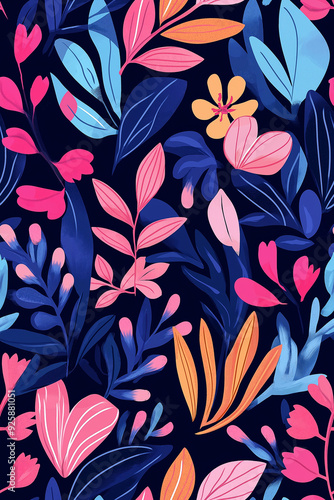 Colorful floral pattern with stylized leaves and flowers in pink, orange, and blue tones. The seamless design features a dark background that enhances the vivid, lively nature.