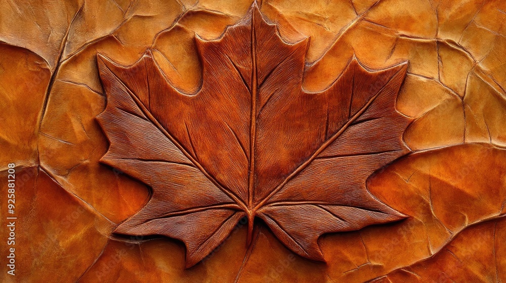 A beautifully detailed brown maple leaf on a textured background of autumn leaves, showcasing nature's artistry in fall.