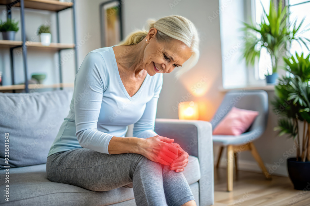 Senior Woman Experiencing Knee Pain at Home. Senior Woman Experiencing Knee Pain at Home.