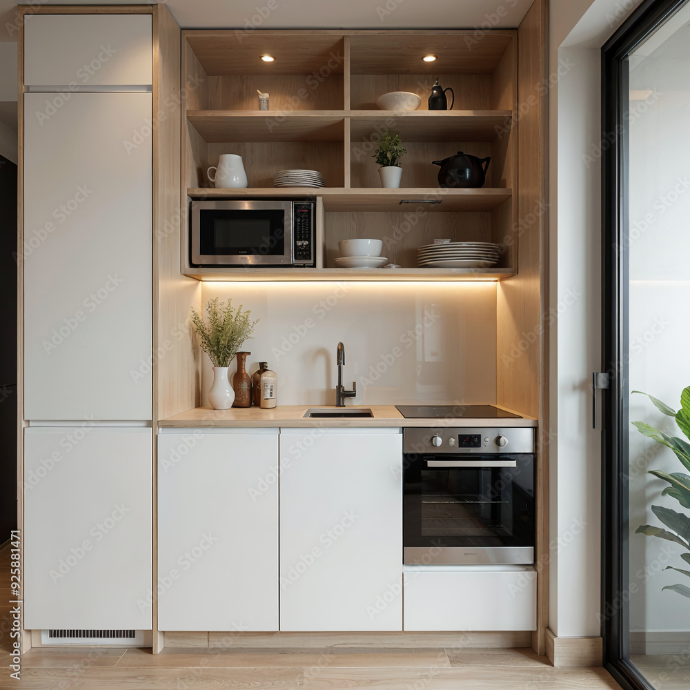 Modern minimalist kitchen interior with built-in appliances and wooden shelves Modern minimalist kitchen interior with built-in appliances and wooden shelves