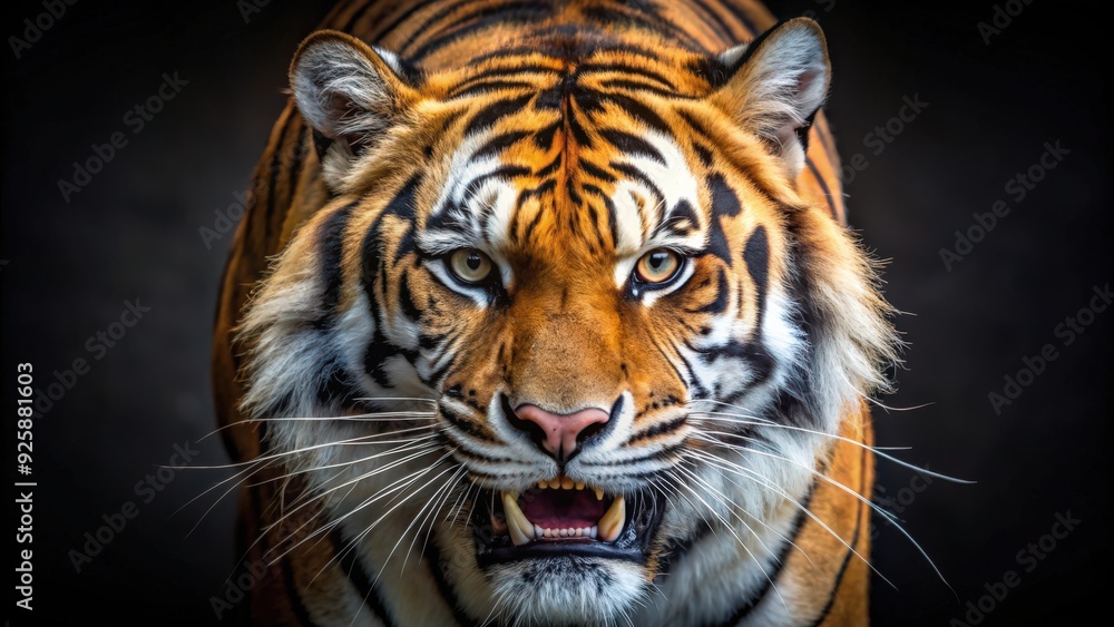 A fierce tiger with bared teeth in a threatening stance, wildlife, predator, animal, danger, jungle, aggressive, carnivore, powerful A fierce tiger with bared teeth in a threatening stance, wildlife, predator, animal, danger, jungle, aggressive, carnivore, powerful