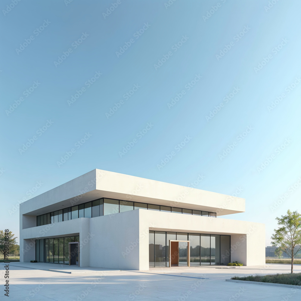 Contemporary white two-story office building under clear blue sky Contemporary white two-story office building under clear blue sky