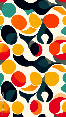 Abstract seamless pattern with colorful circular and crescent shapes in orange, red, yellow, green, and black on a light background. The playful, vibrant design creates a dynamic visual impact.