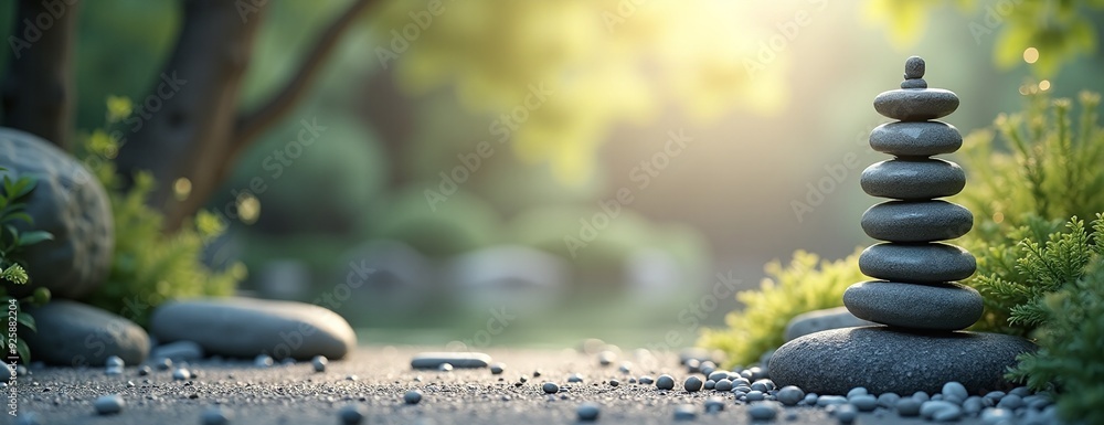 Obraz premium Zen Stone Stack Serenely Balanced in Tranquil Garden Setting with Copy Space